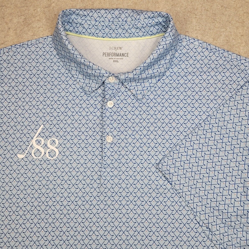 J Crew Golf Performance Polo Shirt Mens 2XL Blue Short Sleeve Golf Club Print